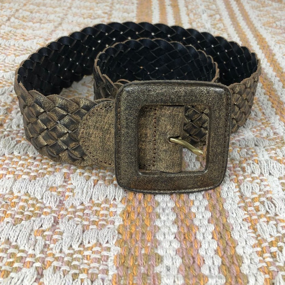 Chico's bronze shimmer woven braided leather wide belt OS